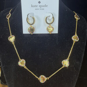 Kate Spade Gold Heart Necklace Earrings Set Multi Color Crystal Charms Giftable